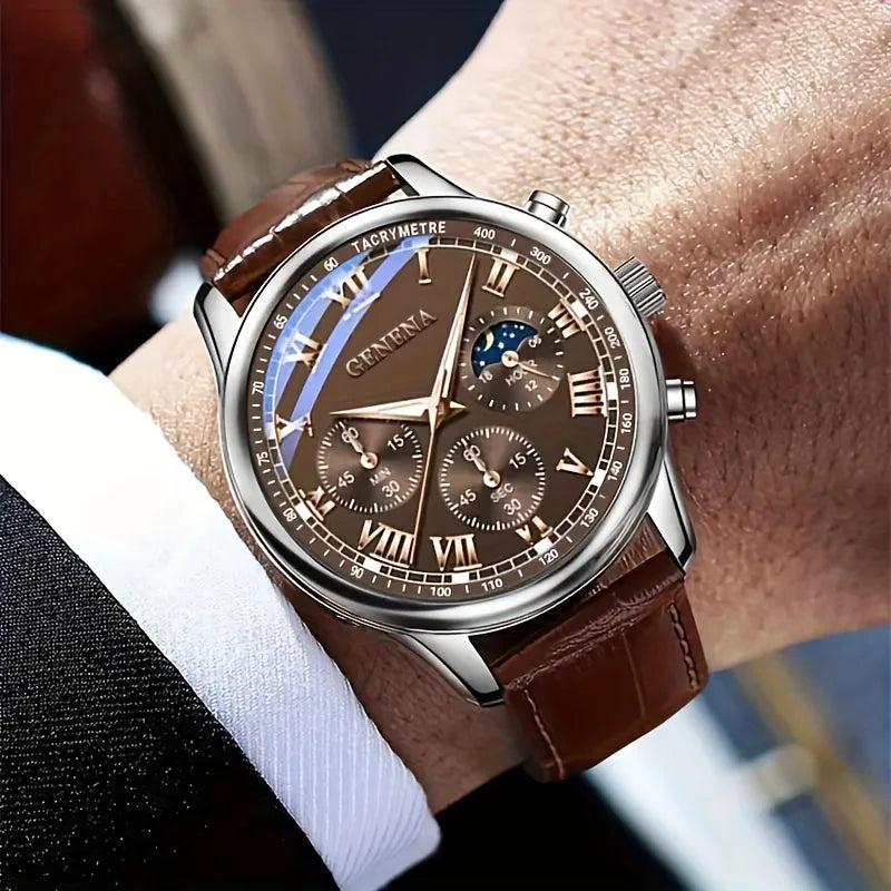 GENEVA High Quality Men's Luxury Belt Fashion Quartz Watch Men Round Business Student Sport Waterproof Glow Clock - Zonashopper Express