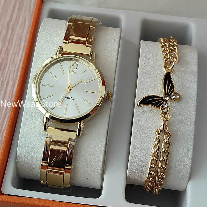 2pcs Business Fashion Womens Watch Elegant Golden Quartz Wristwatch Heart Charm Bracelet Set Montre Femme Relojes Para Damas