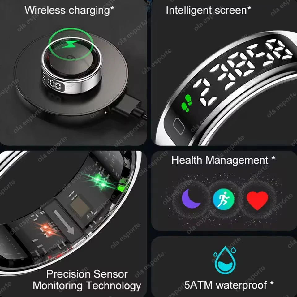 New Touch Disaply Smart Ring Men Women Wireless Charging, Blood Oxygen and Sleep Health Monitor, 5ATM Waterproof For Android IOS