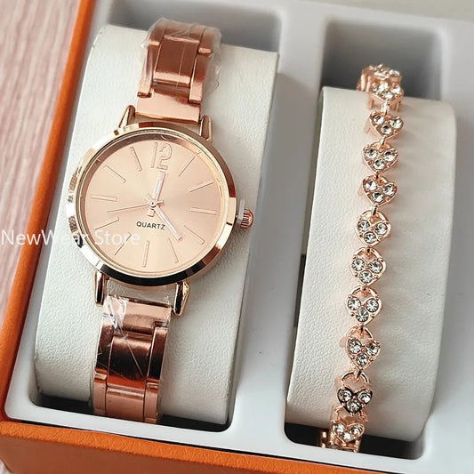 2pcs Business Fashion Womens Watch Elegant Golden Quartz Wristwatch Heart Charm Bracelet Set Montre Femme Relojes Para Damas