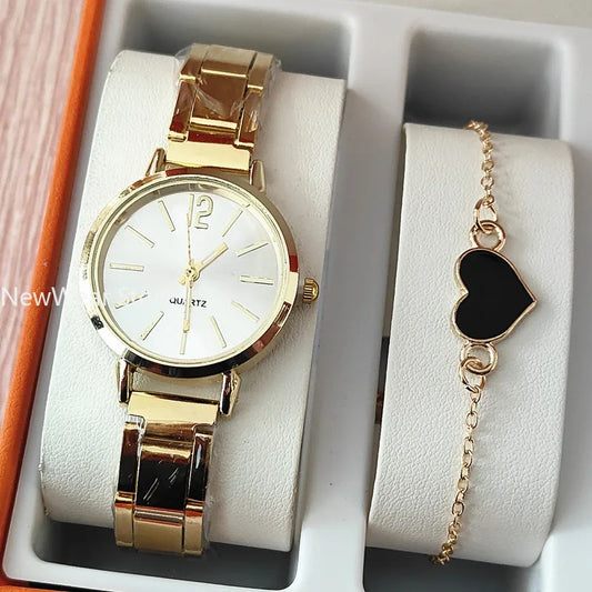 2pcs Business Fashion Womens Watch Elegant Golden Quartz Wristwatch Heart Charm Bracelet Set Montre Femme Relojes Para Damas