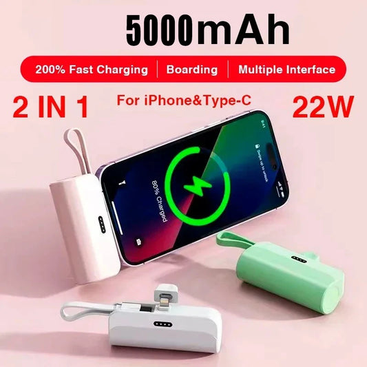 5000mAh Mini Power Bank 2 IN 1 Fast Mobile Phone Charger External Battery Power Bank Plug Play For iPhone and Type-c
