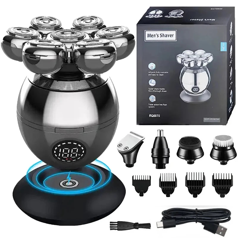 5 In 1 Electric Head Shaver for Bald Men 7D Floating Cutter Beard Trimmer Clipper IPX5 Waterproof Shaving USB Wireless Charging