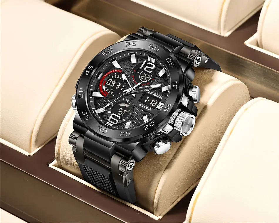 LIGE New Watches For Men 50M Waterproof Clock Alarm reloj hombre LCD Dual Display Wristwatch Quartz Military Sports Mens Watch