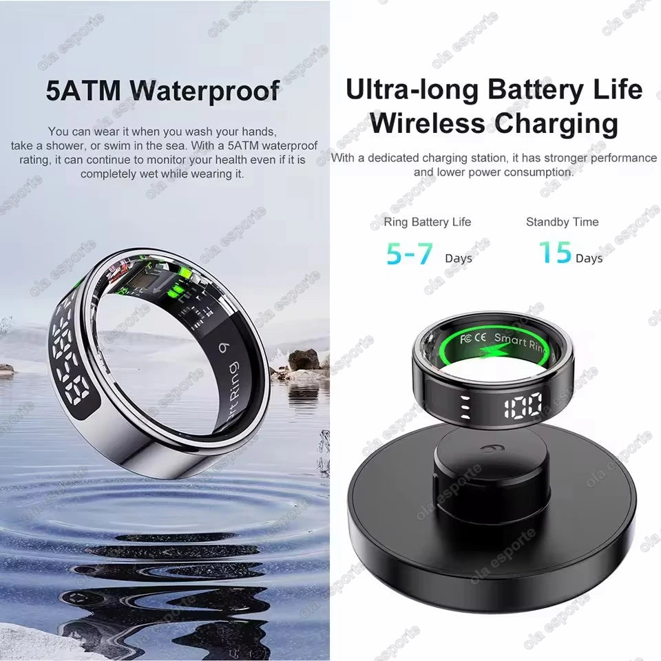 New Touch Disaply Smart Ring Men Women Wireless Charging, Blood Oxygen and Sleep Health Monitor, 5ATM Waterproof For Android IOS