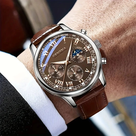 GENEVA High Quality Men's Luxury Belt Fashion Quartz Watch Men Round Business Student Sport Waterproof Glow Clock - Zonashopper Express
